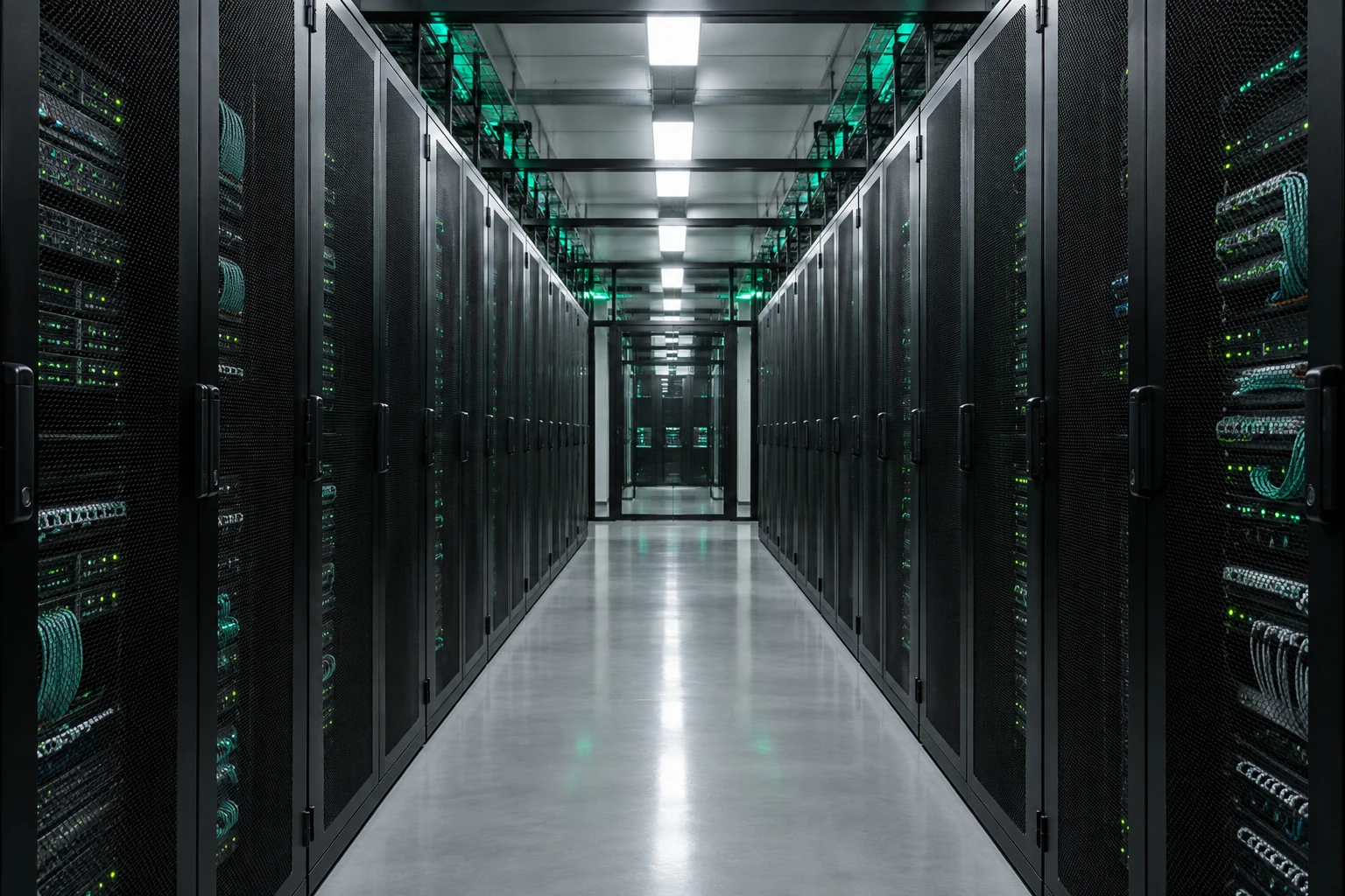 Illustrative data center with black server cabinets and emerald-green lighting