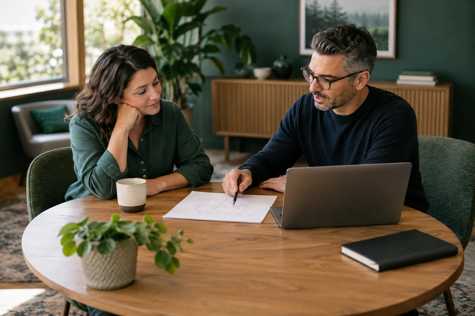 Business owner and technology consultant planning together