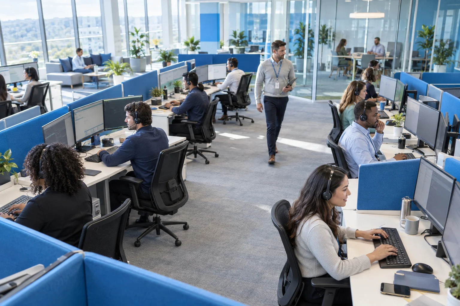 Customer service team working together in a contact center