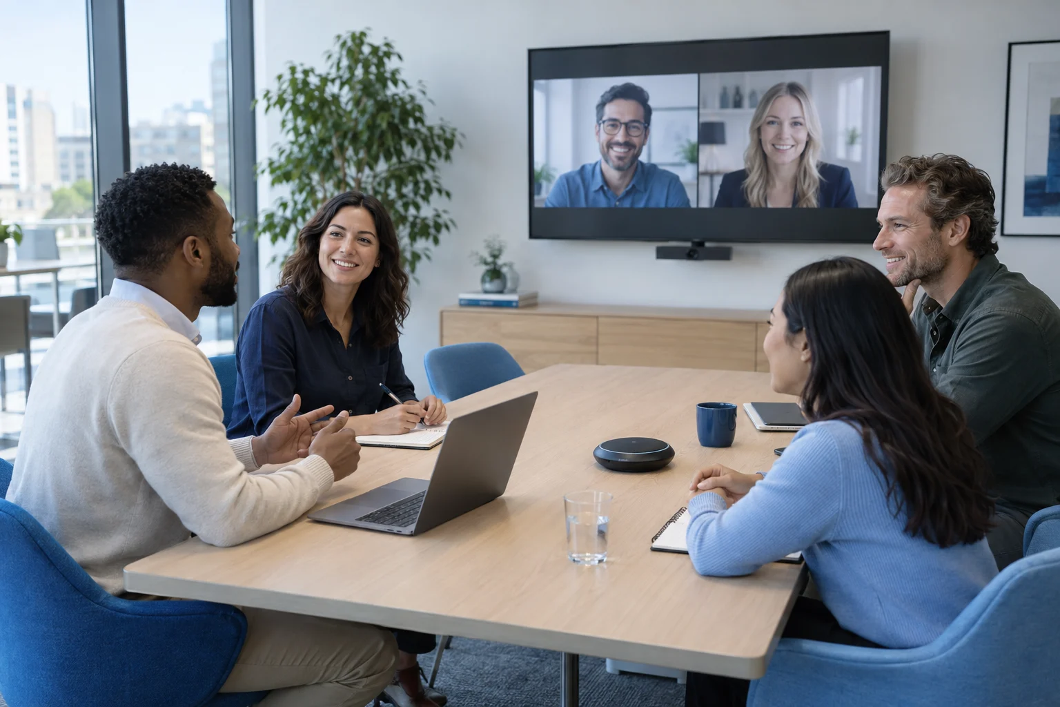 A team collaborating in a video meeting