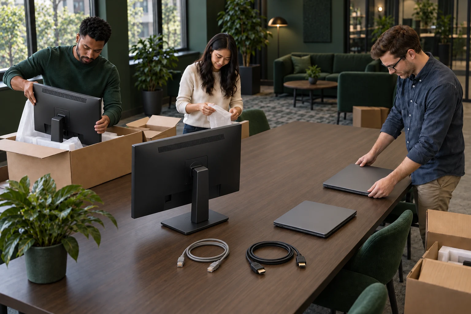 Illustrative scene of colleagues preparing monitors and laptops for an office IT rollout
