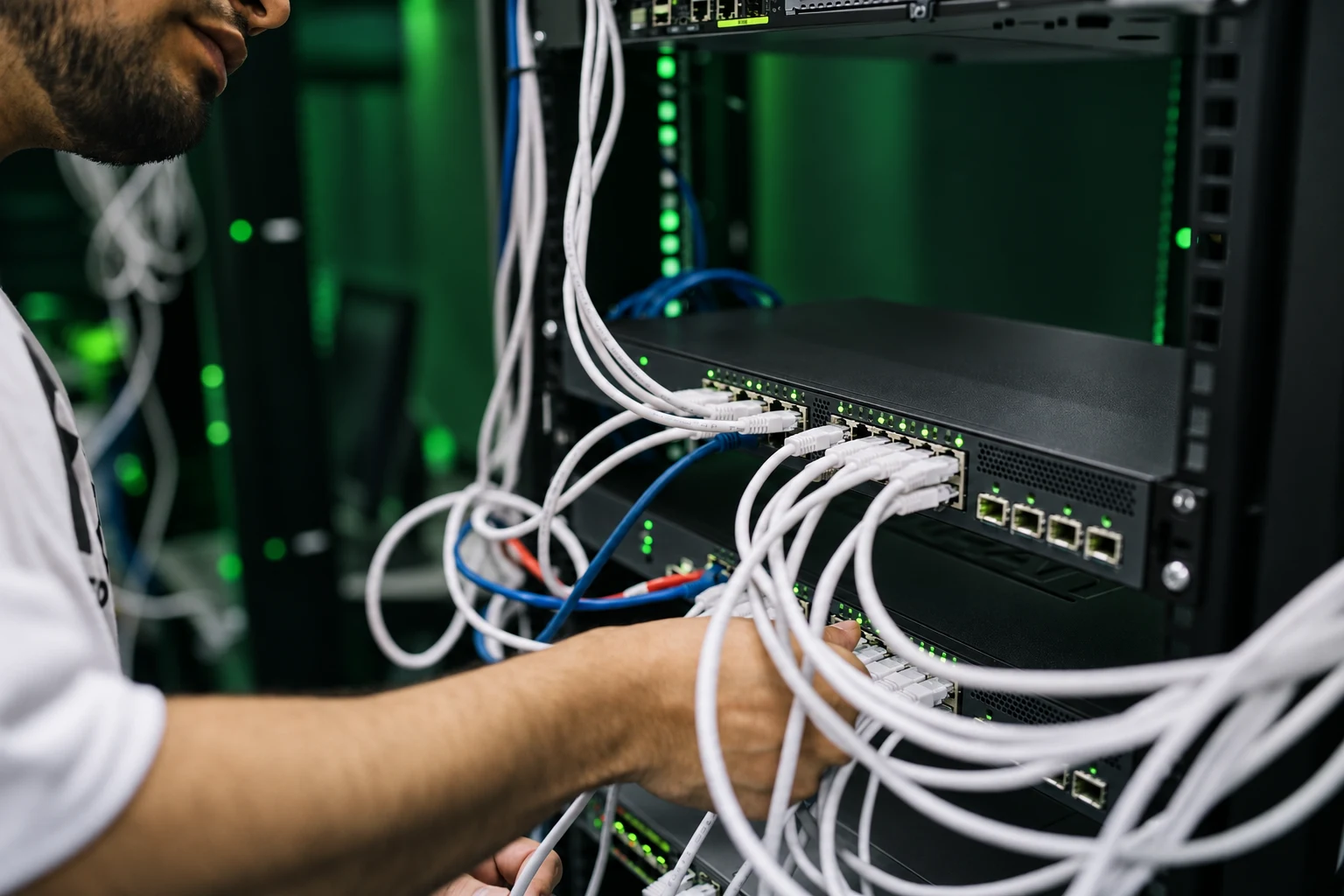 Technician connecting network switches in a dark-green equipment rack