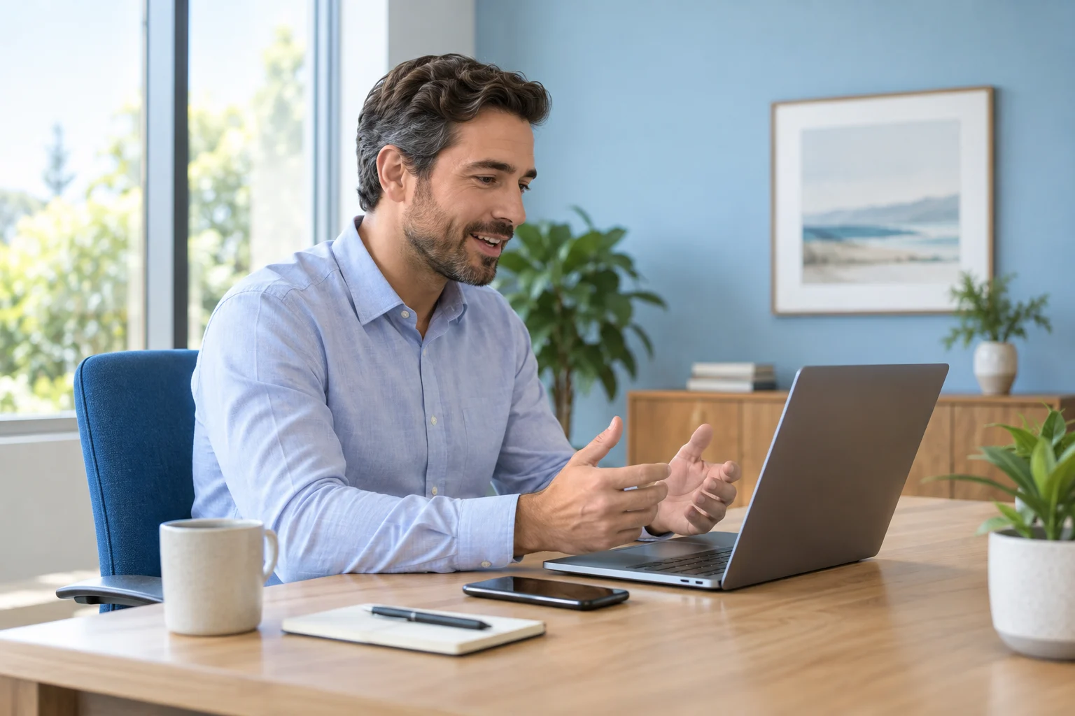 Professional using a laptop and phone in a focused workspace