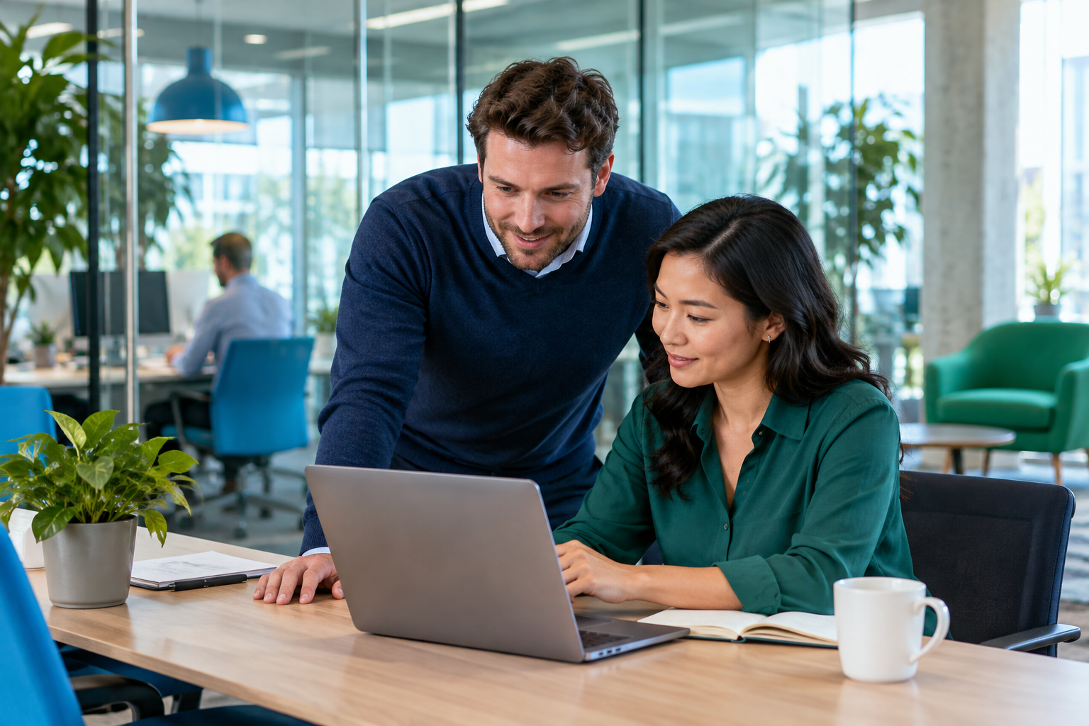 Illustrative scene of colleagues collaborating in a green-and-blue office